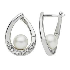Sterling Silver 6-6.5mm Cultured Pearl and Diamond Torqued Earrings