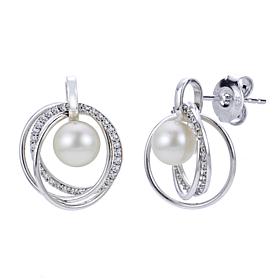 Sterling Silver 6.5-7mm Cultured Pearl and White Topaz Orbit Earrings