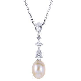 Sterling Silver 8-9mm Cultured Pearl and Created Sapphire Necklace