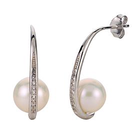 Sterling Silver 9-9.5mm Cultured Pearl J-Hoop Drop Earrings