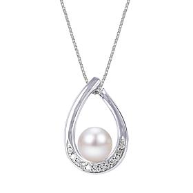 Sterling Silver Cultured Freshwater Pearl & Diamond Pendant with Chain