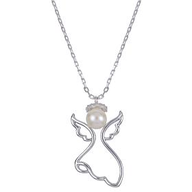 Sterling Silver Cultured Pearl & Created White Sapphire Angel Necklace