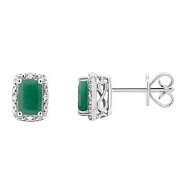 Sterling Silver Emerald-Cut Gemstone and Diamond Accent Stud Earrings