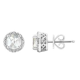 Sterling Silver Gemstone and Diamond Round Stud Earrings