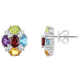 Sterling Silver Multi-Gemstone Oval Cluster Stud Earrings
