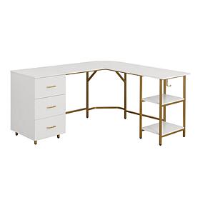 Techni Mobili L-Shape Home Office Desk with Storage, Gold