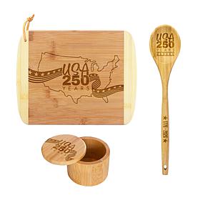 Totally Bamboo "USA 250 Years" Spoon, Salt Cellar Box & Cutting Board