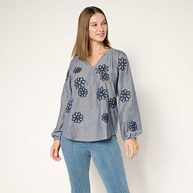 TWRHLL by Christie Brinkley Floral Applique Long Sleeve Split Neck Top