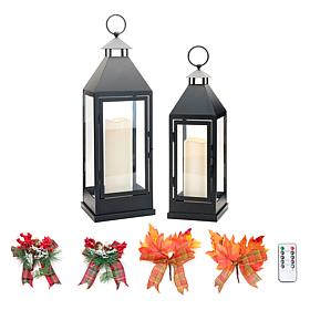 Unmatched 2-piece Set Flameless Lanterns with Holiday Bows