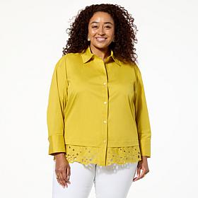 WynneCollection Cotton-Blend Poplin Top with Lace Hem
