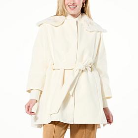 WynneCollection Faux Fur Collar Button-Front Drama Poncho