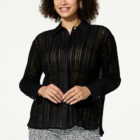 WynneCollection Woven Crochet Button-Down Shirt