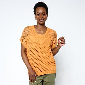WynneLayers Cap-Sleeve Open-Stitch V-Neck Sweater