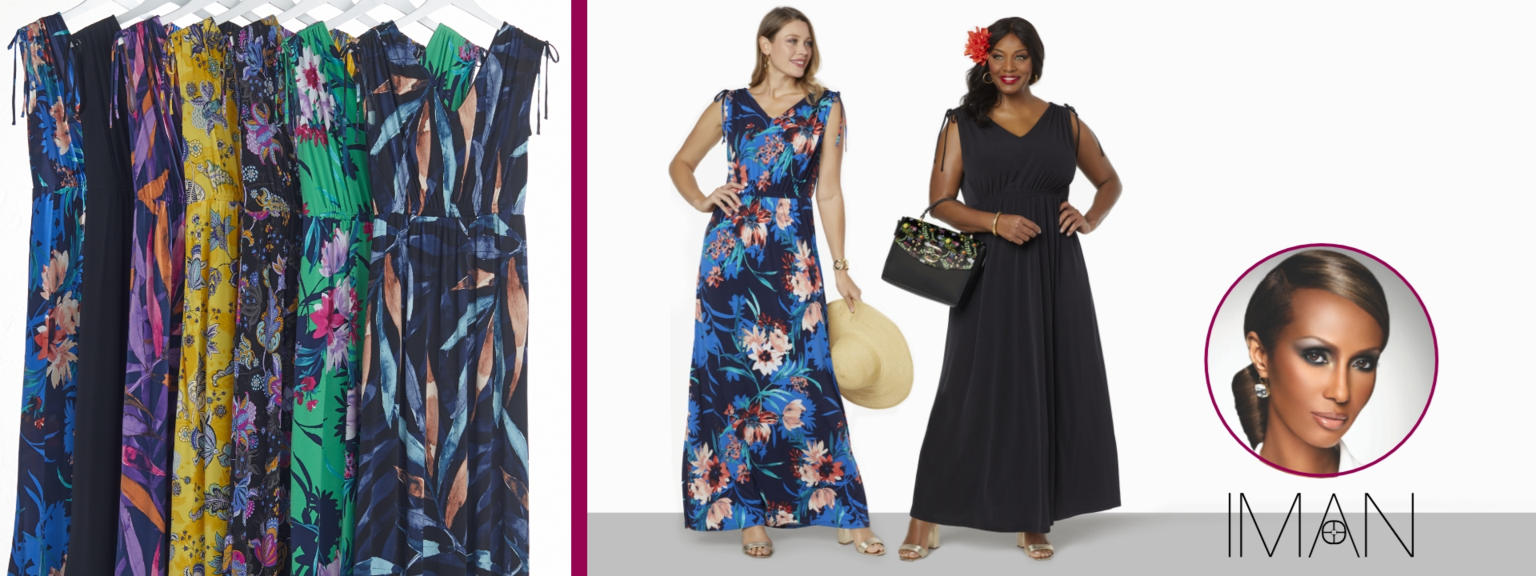 (HSN) IMAN Global Chic Cinched Shoulder VNeck Maxi Dress